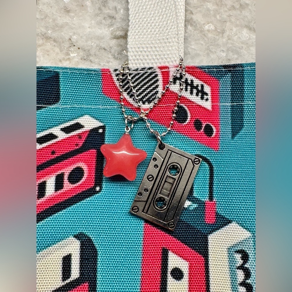 New 80s Style Retro Technology Shopping Bag Tote w/ Cassette Tape Charm - 16” - Picture 5 of 10